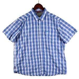 Simms Fishing Shirt Mens 2XL Blue Plaid Vented Seersucker Short Sleeve Button Up